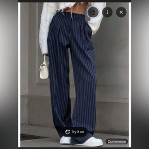 NWT Commense Navy Pinstripe Pleated Wide-Leg Pants